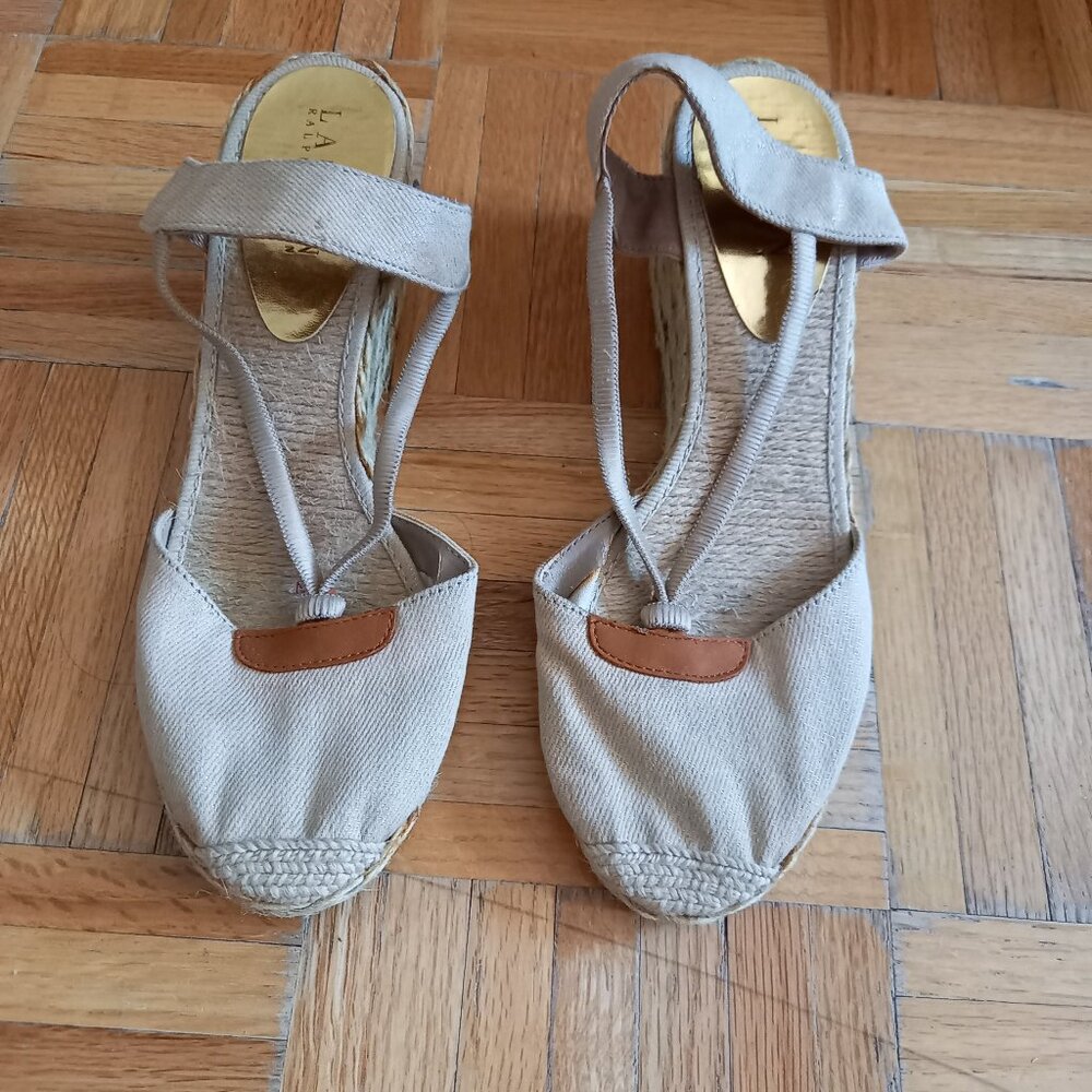 Ralph Lauren beige wedge espadrilles, size 7.5M